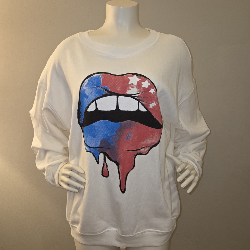 White Sweatshirt with Blue And Pink Lips Drip And Stars